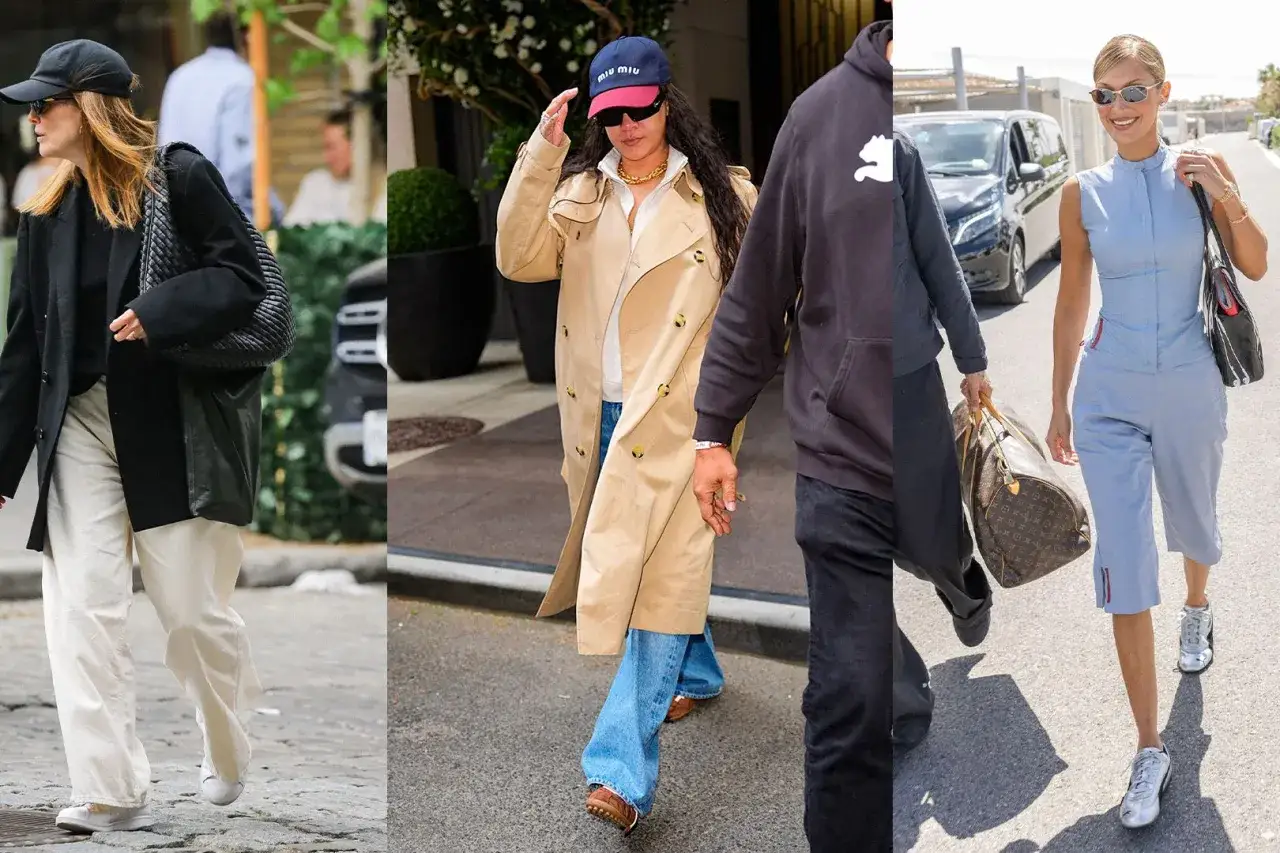 Kvinnor i trendiga outfits, inklusive sneakers dam 2026, med fokus på stil och komfort.