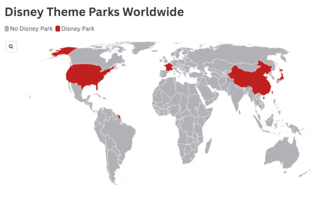Mapa świata pokazuje, ile jest Disneylandów na świecie. Czerwone obszary to USA, Francja, Chiny i Japonia.