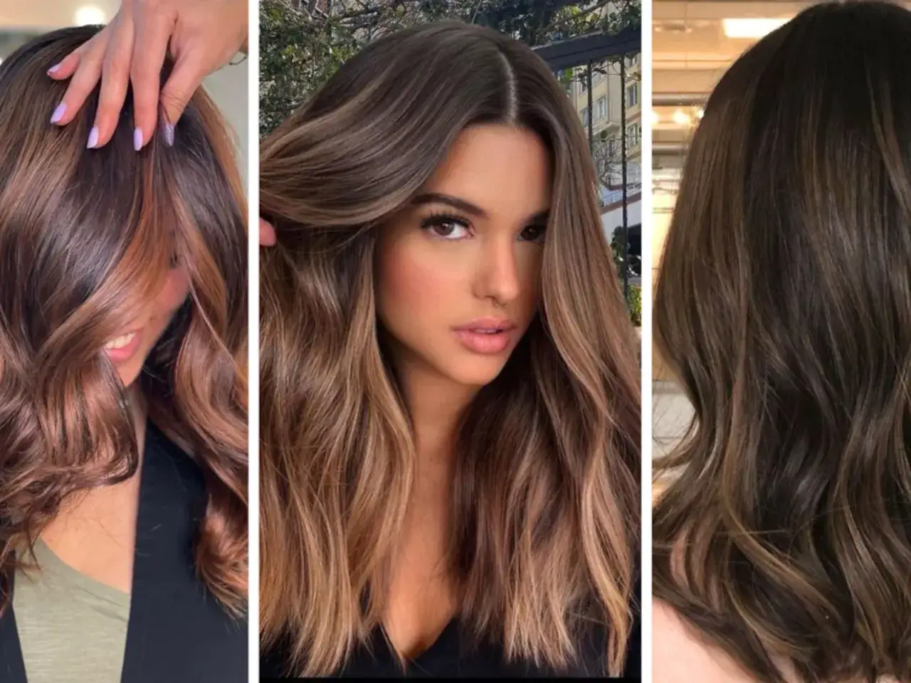 Tres estilos de cabello con un hermoso color de pelo café, con reflejos que dan dimensión y brillo.