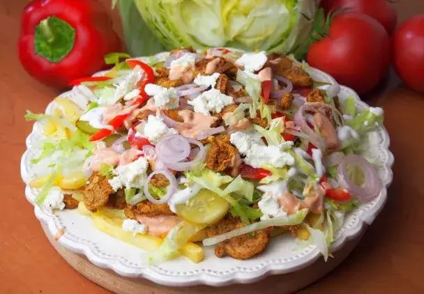 Kebab na talerzu z frytkami i surówką