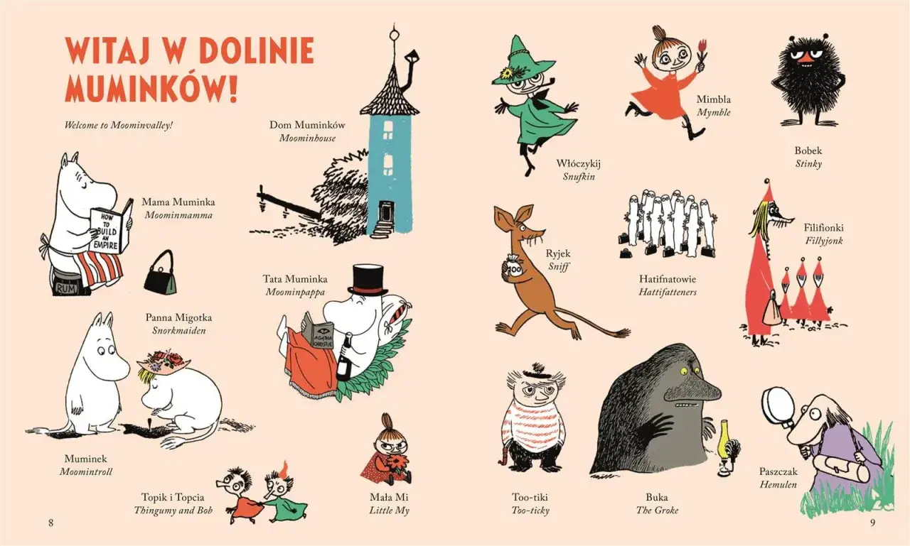W Dolinie Muminków spotkasz Muminka, Mamę i Tatę Muminka, PANNĘ Migotkę, Włóczykija, Ryjka, Bobka, Mimblę, Filifionki, Hatifnatów, Bukę, Paszczaka Hemulena, Małą Mi, Topika i Topcię.