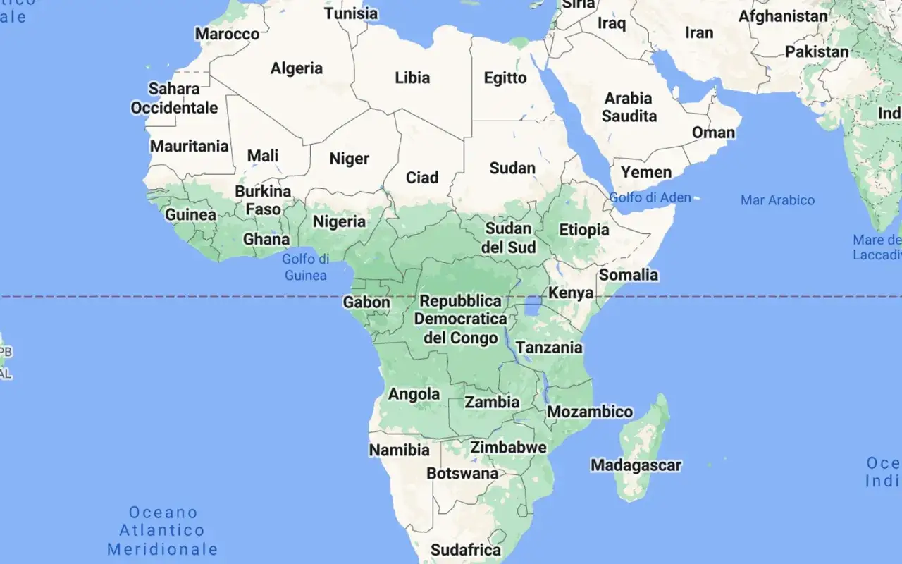 Mappa dei **stati Africa** con evidenziati i confini e i nomi delle nazioni, dal Marocco alla Sudafrica, passando per Nigeria e Tanzania.