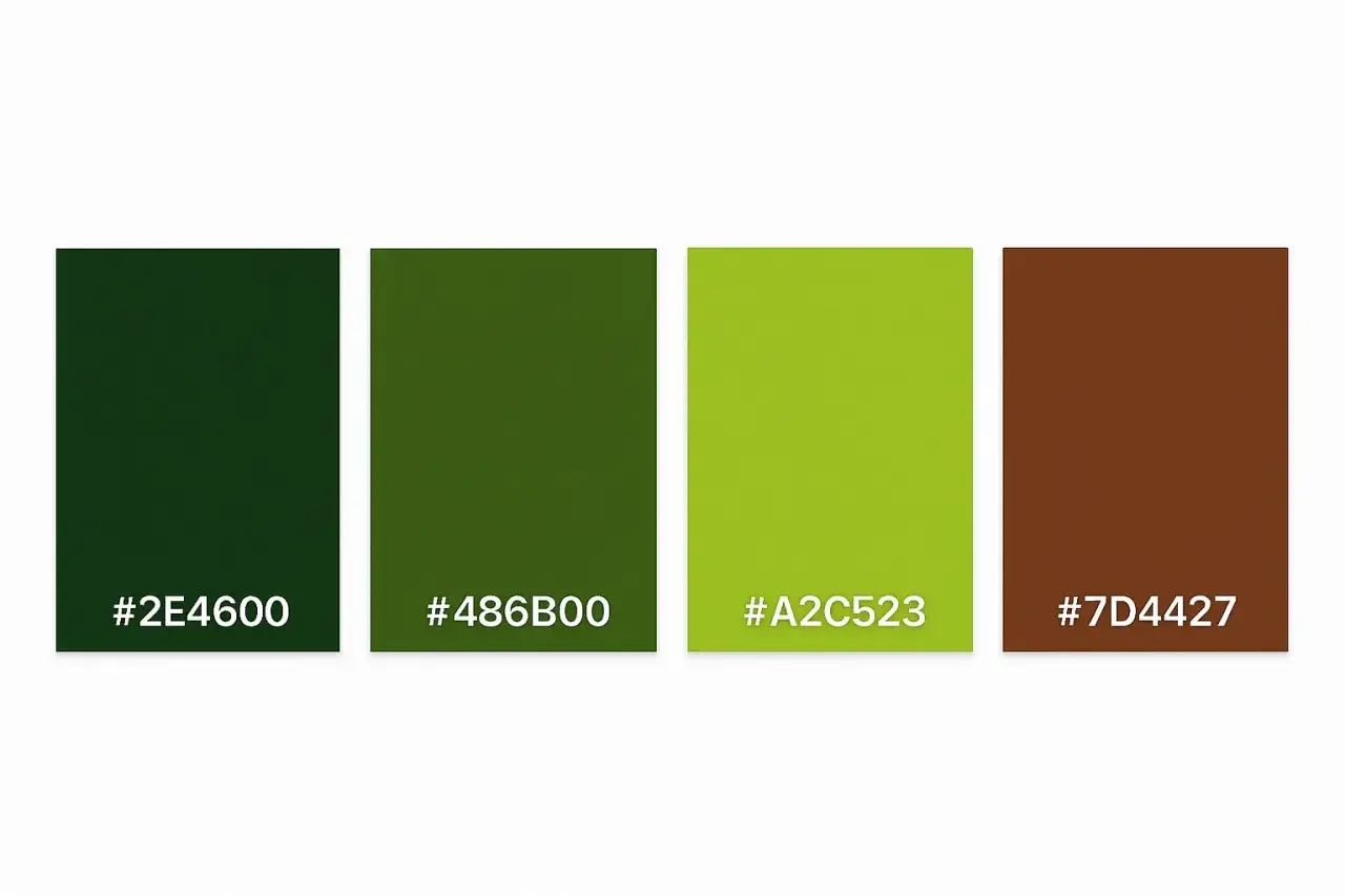 Quattro campioni di colore: verde scuro, verde oliva, verde lime brillante e marrone terra.