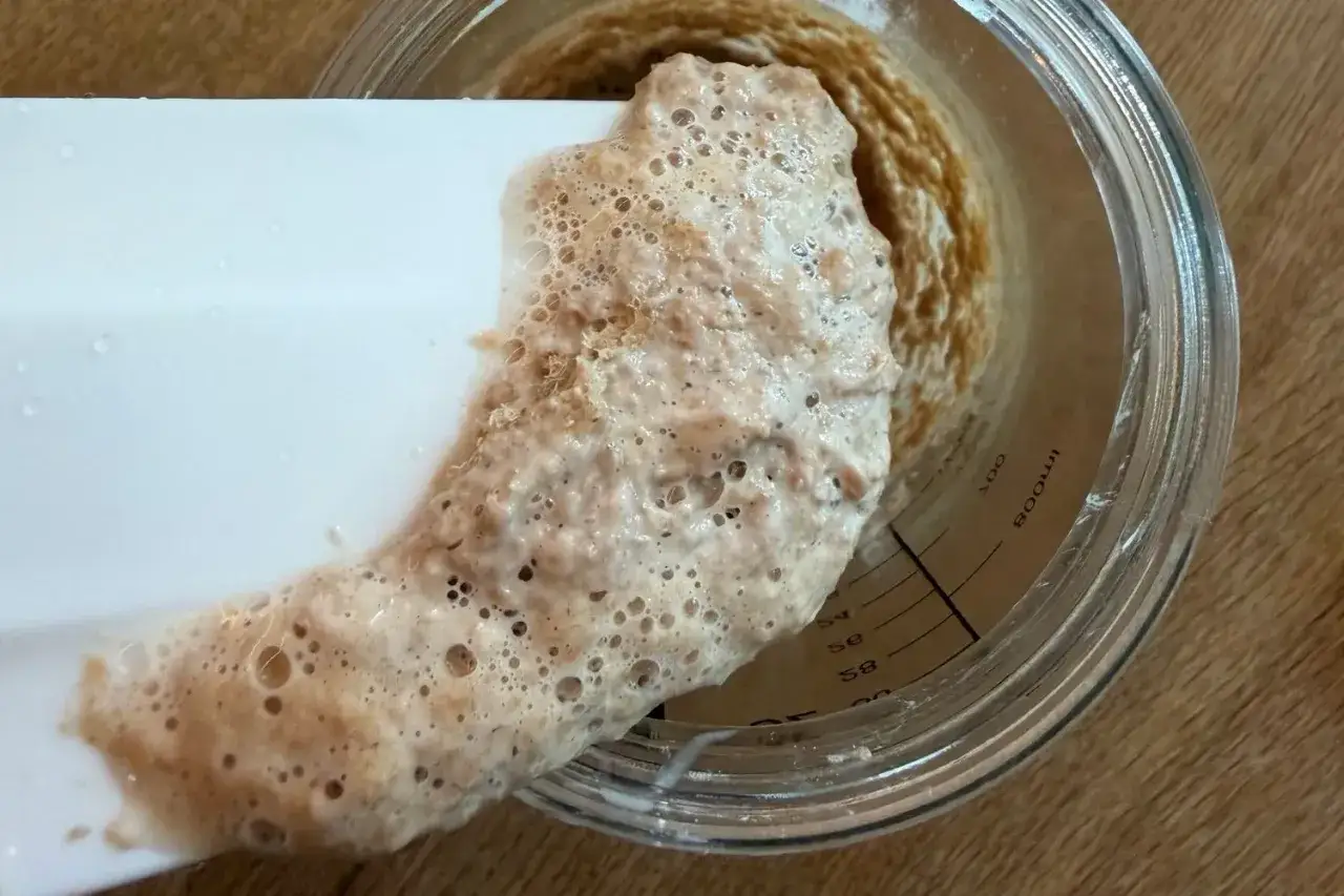 Schaumiger Sauerteig wird mit einem Spatel aus einem Glas geschabt. Der typische Sauerteig Geruch liegt in der Luft.