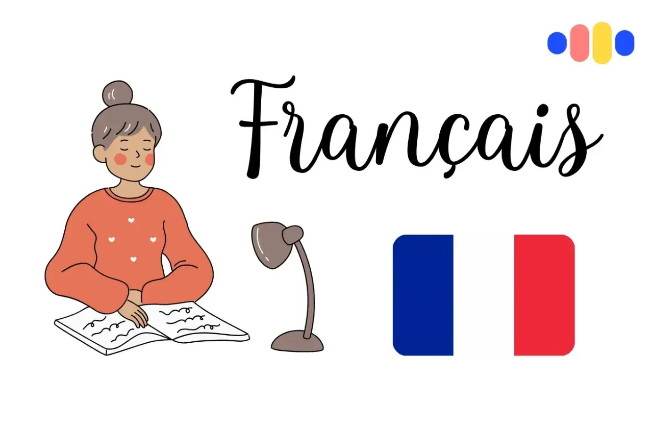 Una chica estudia francés con un libro y una lámpara. La bandera francesa y la palabra 