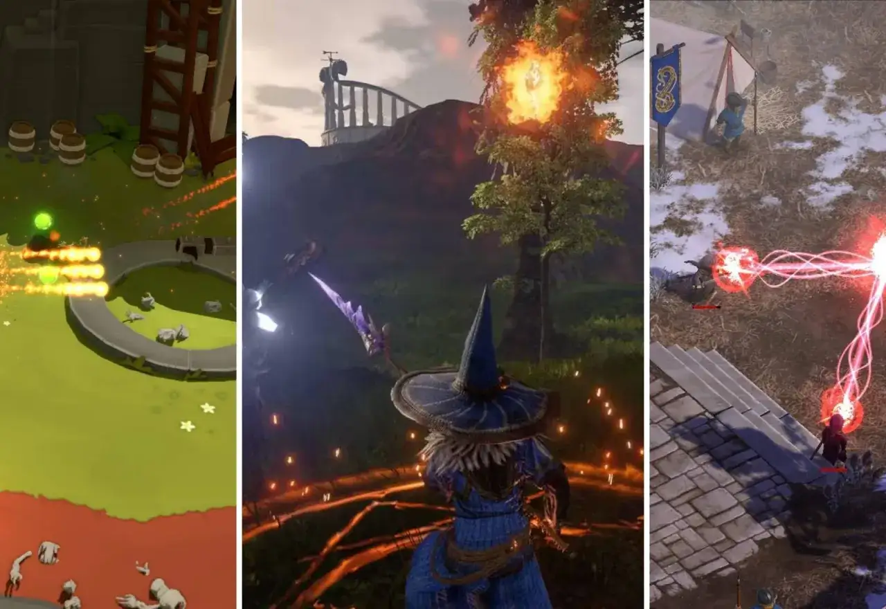 Visions of mana: un mago lanza hechizos, un árbol arde y rayos rojos conectan guerreros en tres escenas de fantasía.