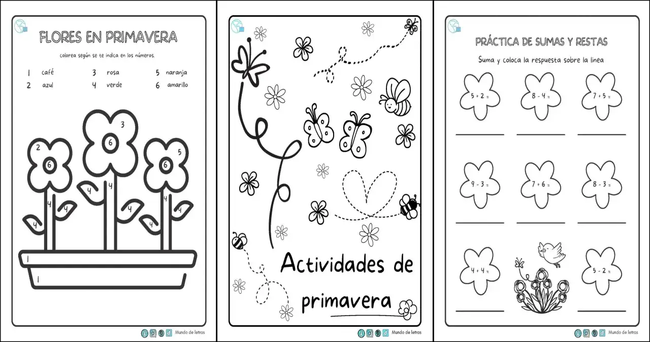 Fichas de primavera con flores para colorear, mariposas, abejas y ejercicios de sumas y restas.