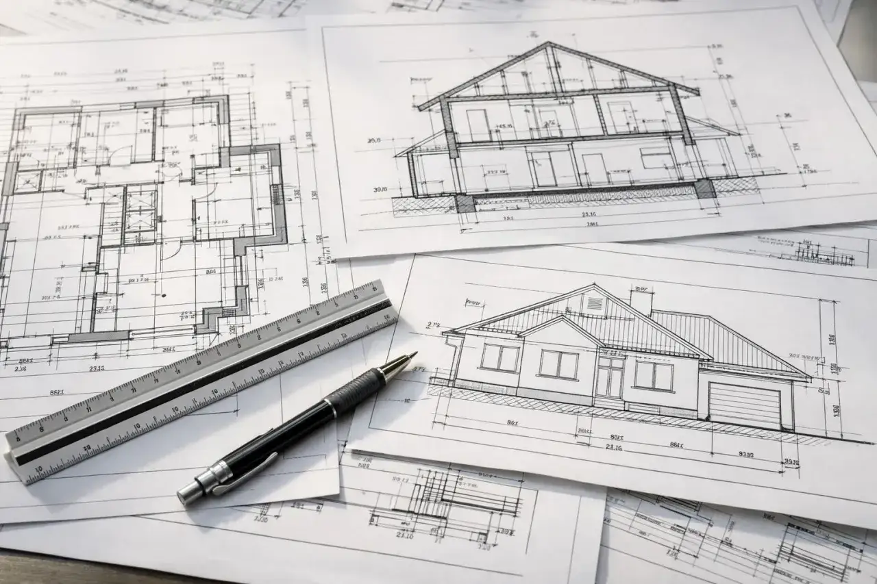 Projekt architektoniczno budowlany domu jednorodzinnego z przekrojem i rzutem parteru. Obok linijka i długopis.