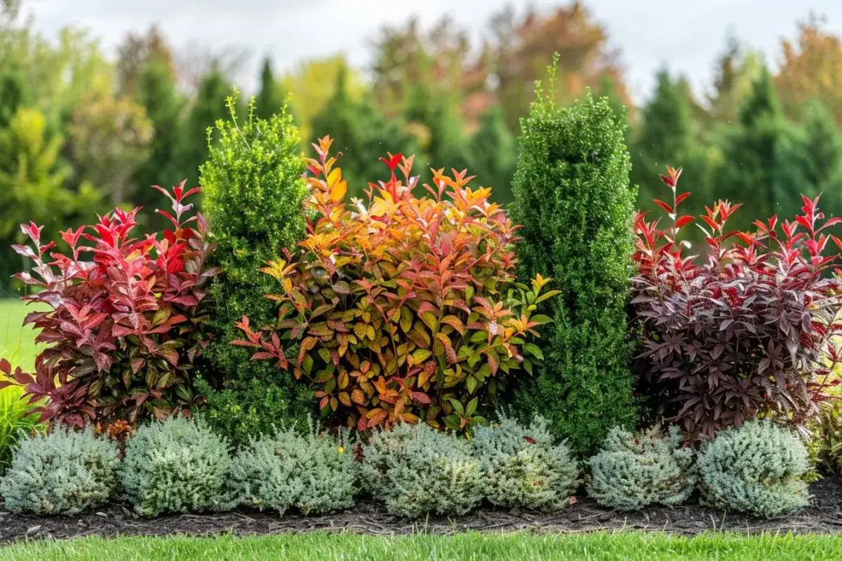 Un aménagement paysager coloré avec des arbustes à feuillage rouge et orange, des conifères élancés et des plantes basses grises. Une belle plante brise vue pour un jardin.