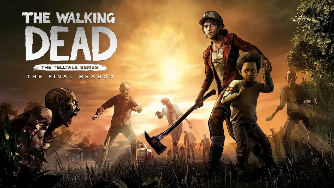 Clem z siekierą chroni AJ przed zombie. Okładka The Walking Dead The Telltale Definitive Series, idealna do spolszczenia gry.