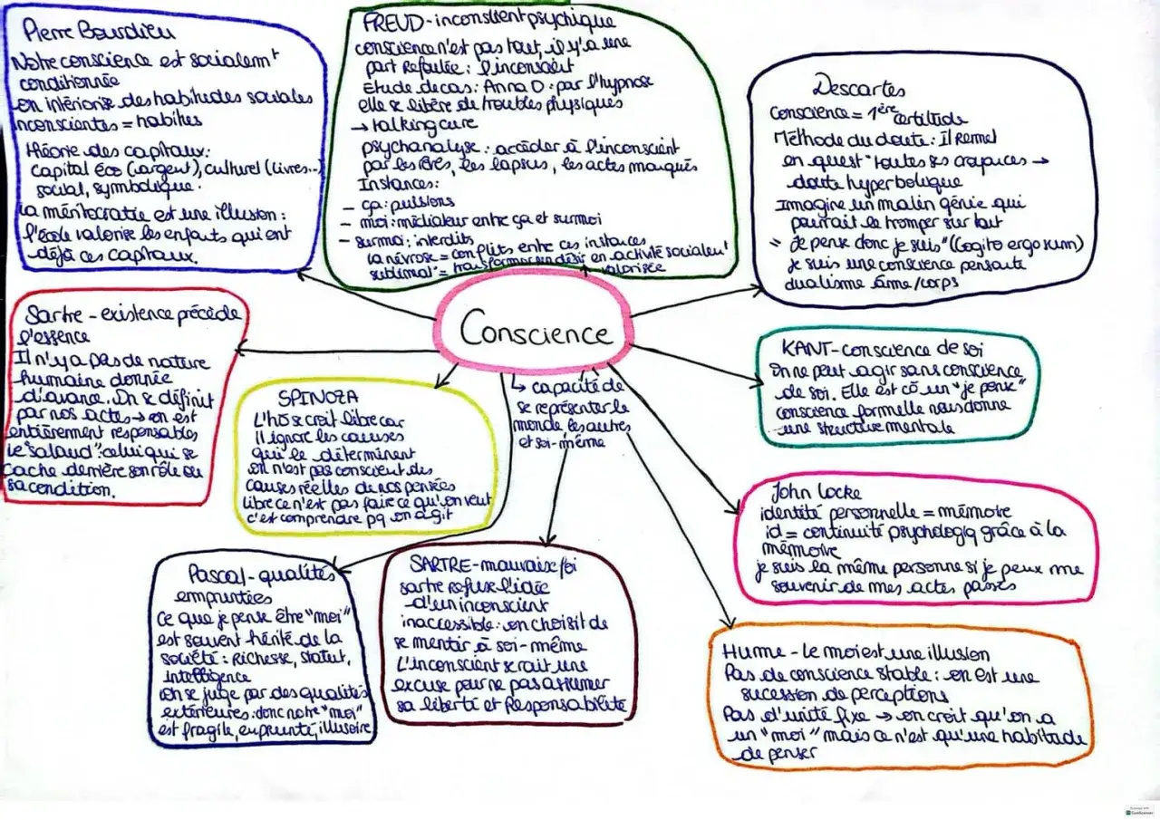Schéma sur le sujet philo conscience : Bourdieu, Freud, Descartes, Kant, Locke, Hume, Spinoza, Sartre.