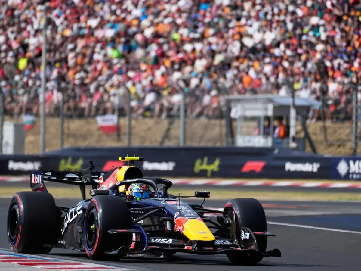 Max Verstappen compite en un coche de Fórmula 1, con una multitud animando en el fondo.