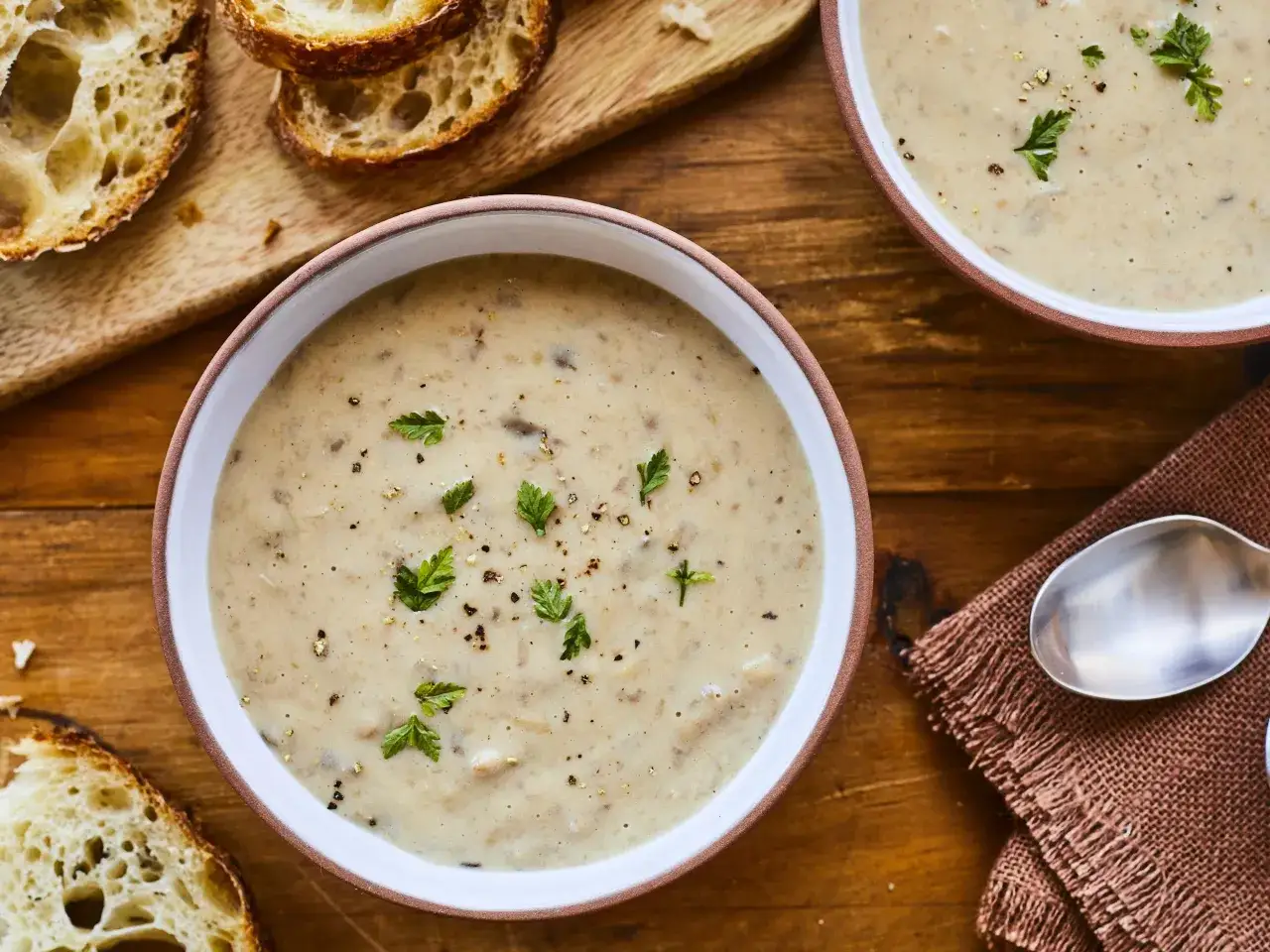 Un réconfortant velouté de champignon, garni de persil frais et de poivre, servi avec des tranches de pain croustillant.