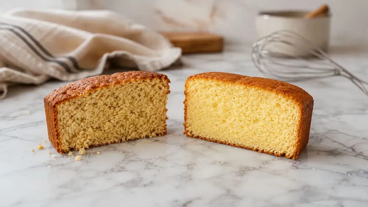 Deux tranches de gâteau raté, l'une plus foncée que l'autre, sur un marbre. Un fouet et une serviette en arrière-plan.