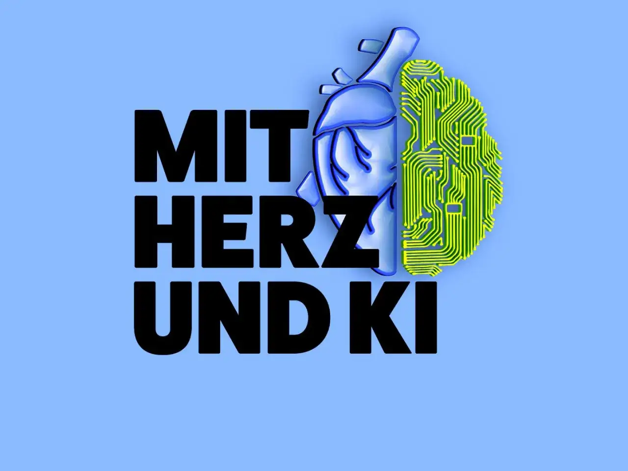 Logo für einen podcast: Eine Hälfte eines menschlichen Herzens, die andere Hälfte eines Gehirns aus Leiterbahnen.