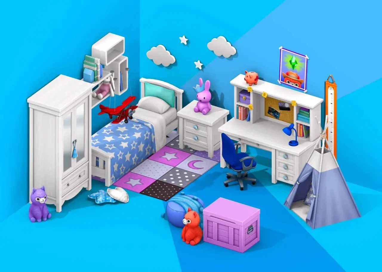 Mody dla dzieci The Sims 4: pokój z łóżkiem, biurkiem, szafą i namiotem. Urocze zabawki i dekoracje tworzą przytulną atmosferę.