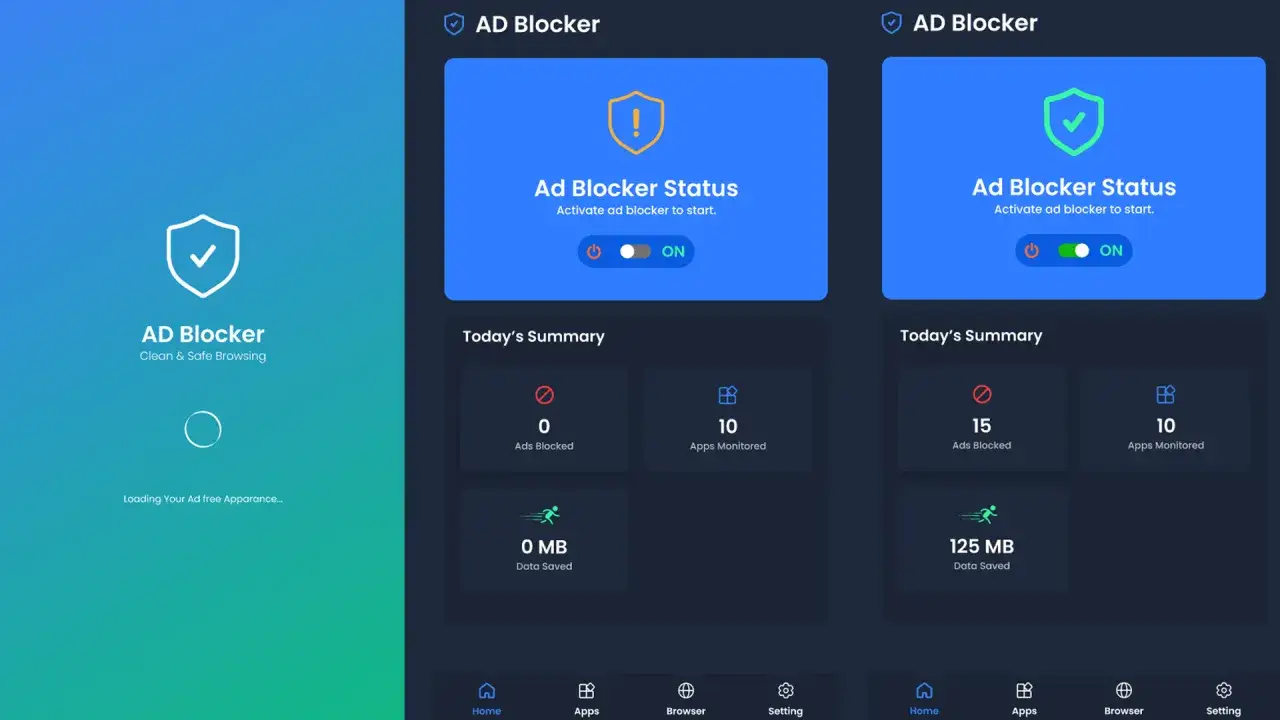 Interface d'une application pour supprimer pub Android. Statut activ&eacute;, r&eacute;sum&eacute; des publicit&eacute;s bloqu&eacute;es et donn&eacute;es &eacute;conomis&eacute;es.