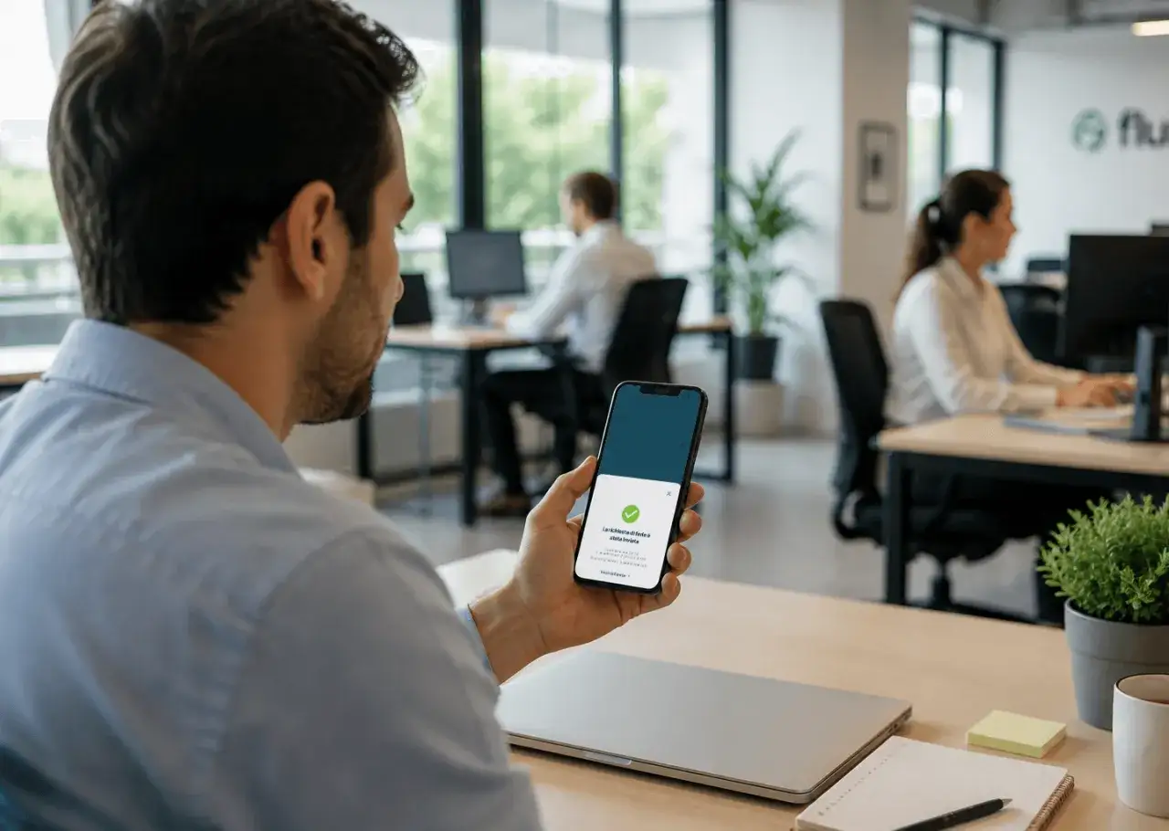 Uomo in ufficio controlla sullo smartphone la conferma di una lettera di richiamo per ferie non concordate.