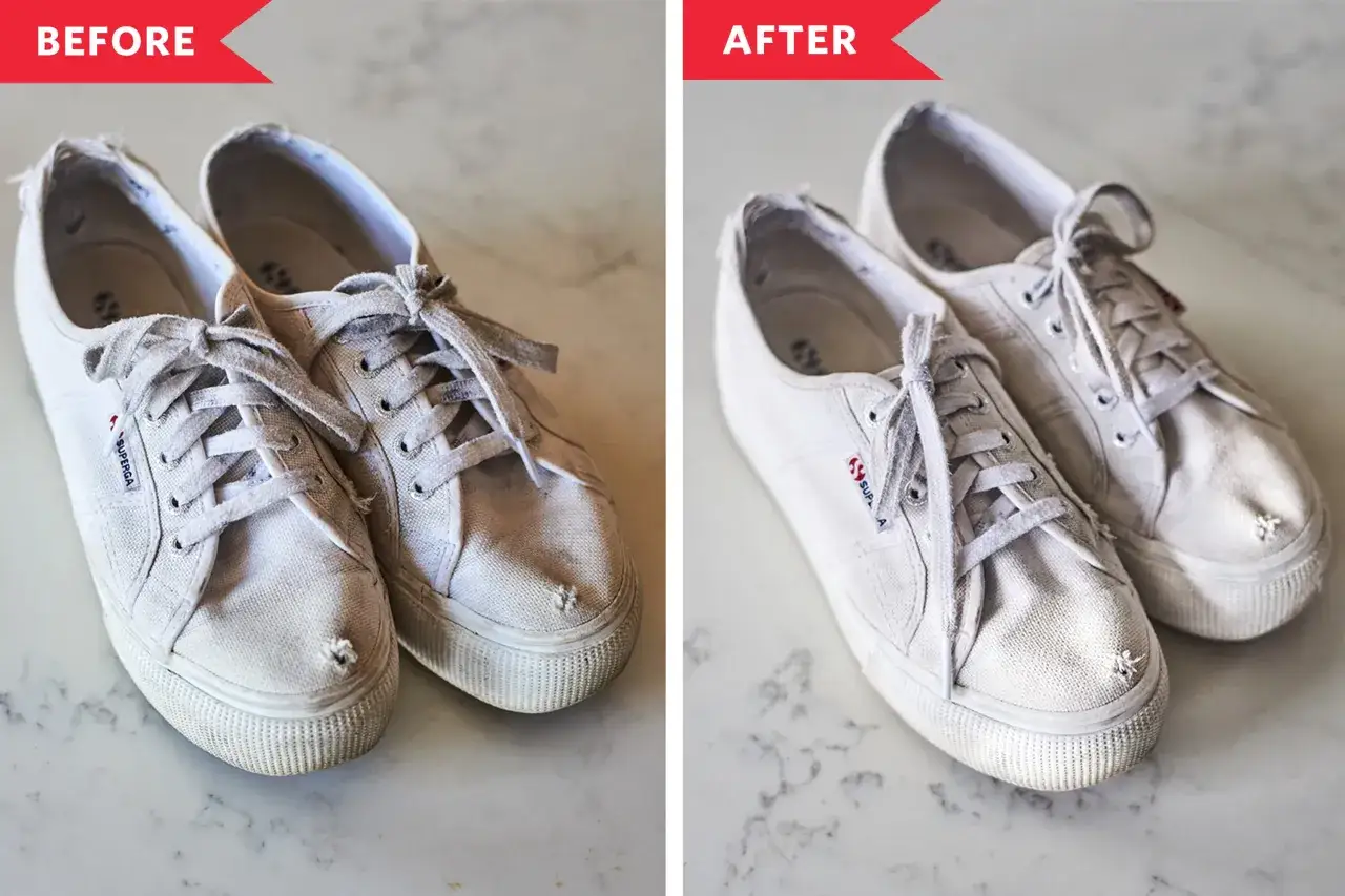 Vorher/Nachher: Superga Schuhe waschen. Die wei&szlig;en Sneaker sind nach der W&auml;sche wieder sauber und frisch.