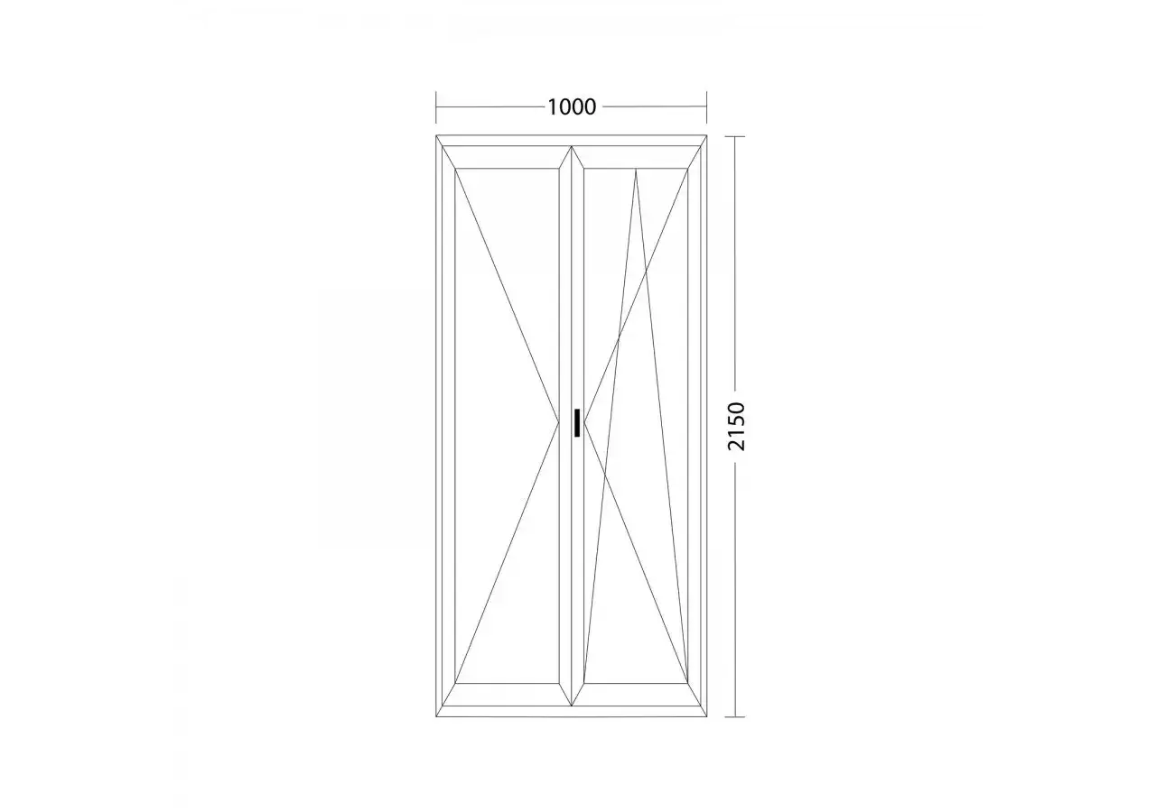 Vue technique d'une porte-fenêtre double battant, 1000x2150 mm, illustrant une taille porte fenêtre standard.