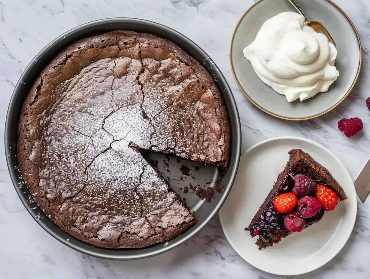 Kladdkaka med bär och vispgrädde. Ett perfekt kladdkaka recept för alla chokladälskare.