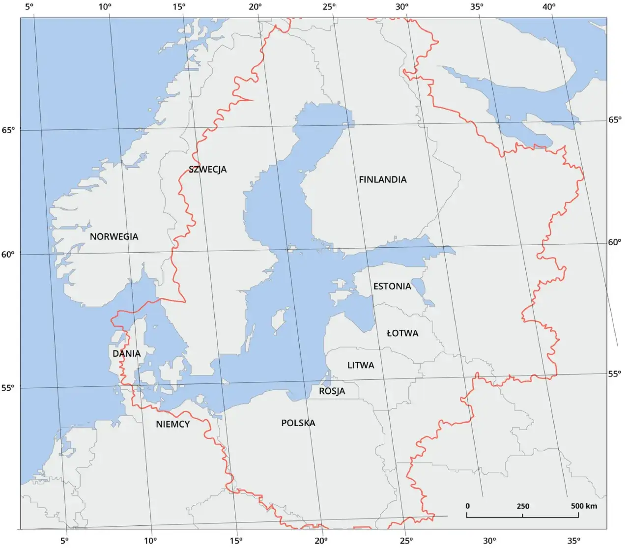 Mapa Morza Bałtyckiego z zaznaczonymi Cieśninami Duńskimi i gł&oacute;wnymi rzekami