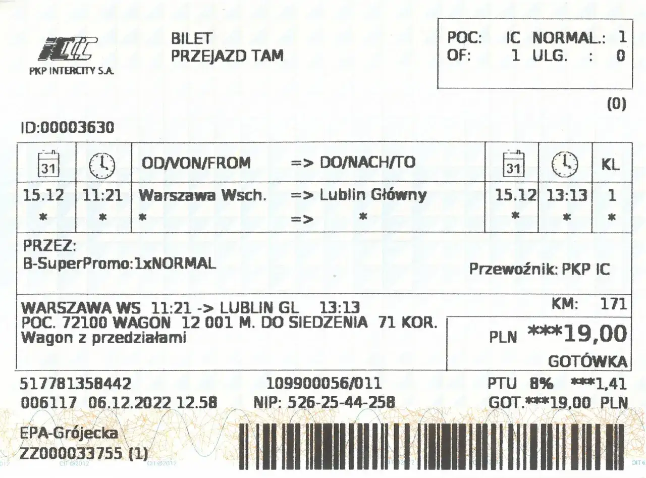 Bilet PKP Intercity na trasę Warszawa Wsch. - Lublin Główny. Sprawdź, jak czytać bilet PKP Intercity: datę, godzinę, cenę 19,00 PLN.
