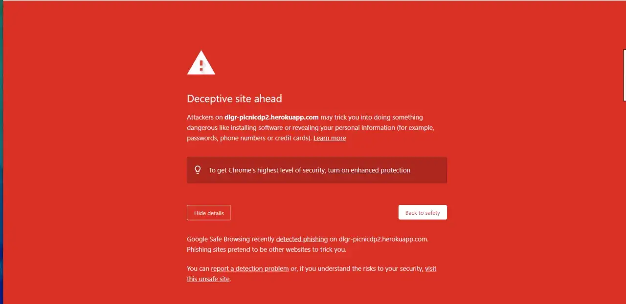 Ostrzeżenie: niebezpieczna strona dlgr-picnicdp2.herokuapp.com próbuje wyłudzić dane. Google Safe Browsing wykryło phishing.