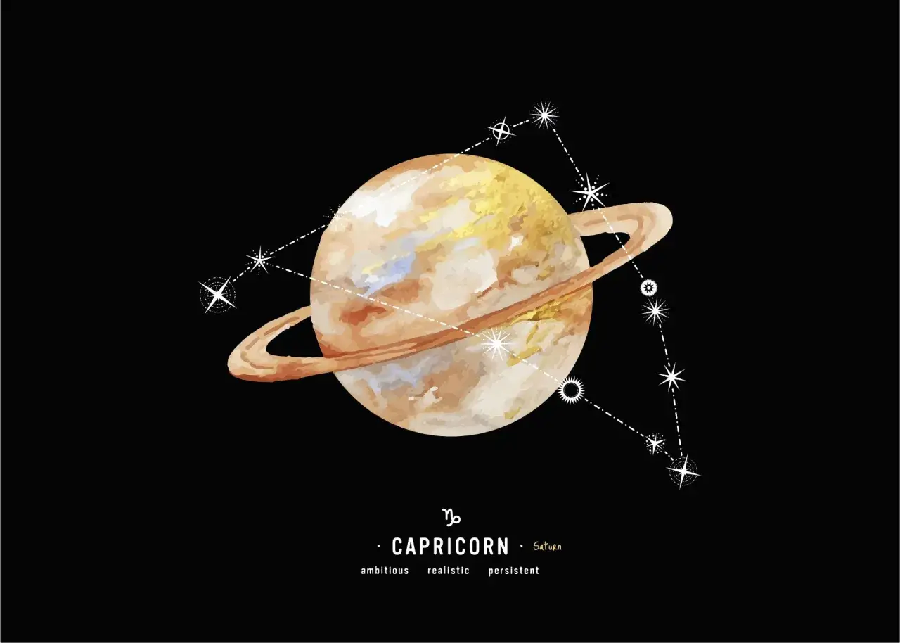 Koziorożec, symbolizujący żywioł ziemi, to planeta Saturn otoczona pierścieniami i gwiazdami.