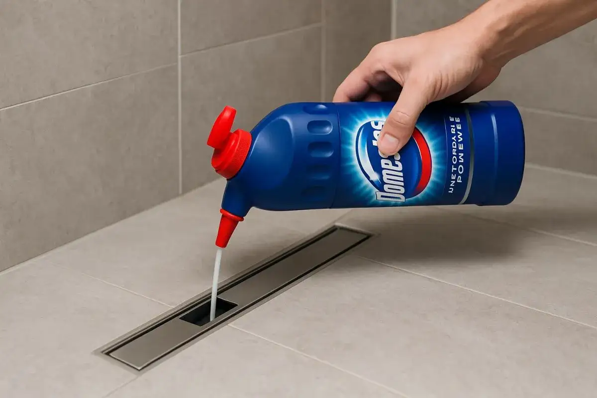 Dłoń wylewa płyn z niebieskiej butelki Domestos do odpływu prysznicowego, by udrożnić zatkany zlew.