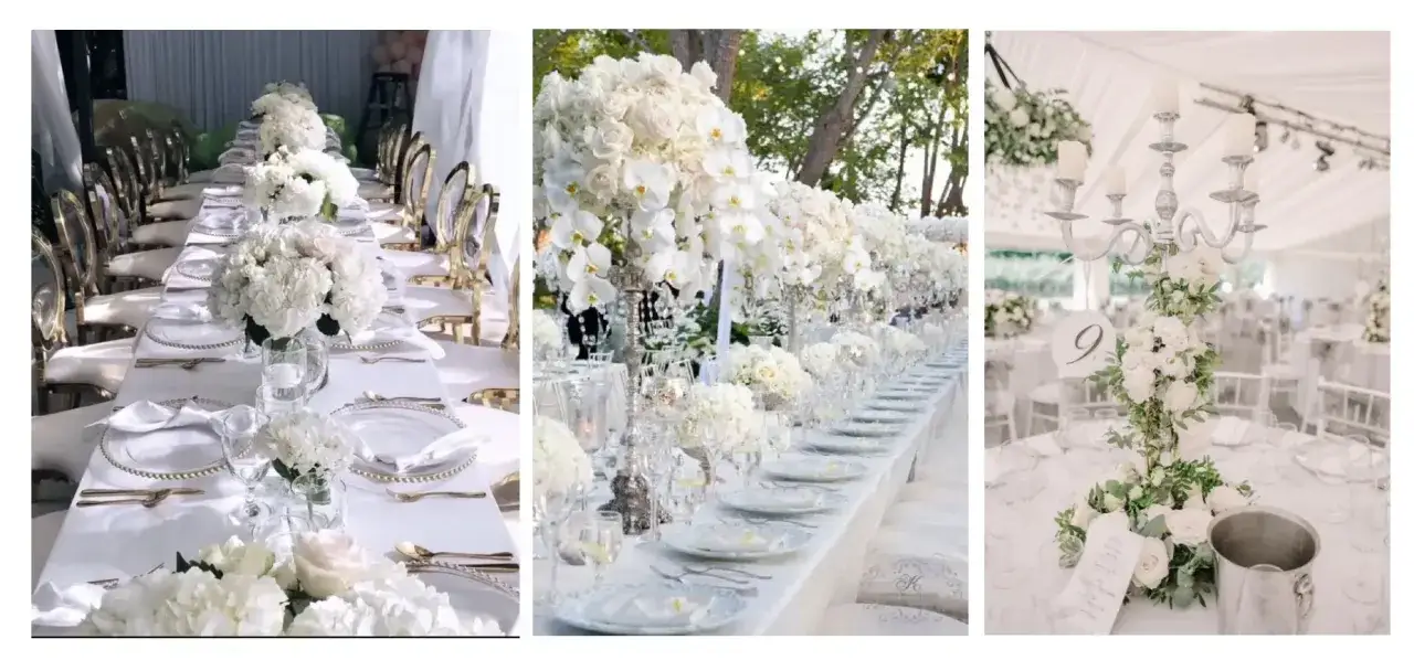 Tables dress&eacute;es pour un mariage d'&eacute;l&eacute;gance, orn&eacute;es de fleurs blanches et de dorures.