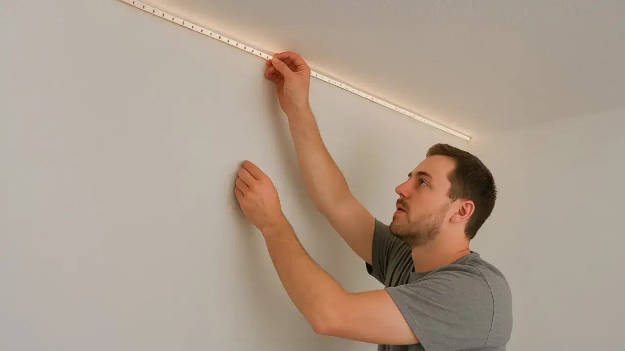 Hombre instala tira LED en el techo, creando un efecto de luz indirecta. Planea colocar un foco empotrable para complementar la iluminación.