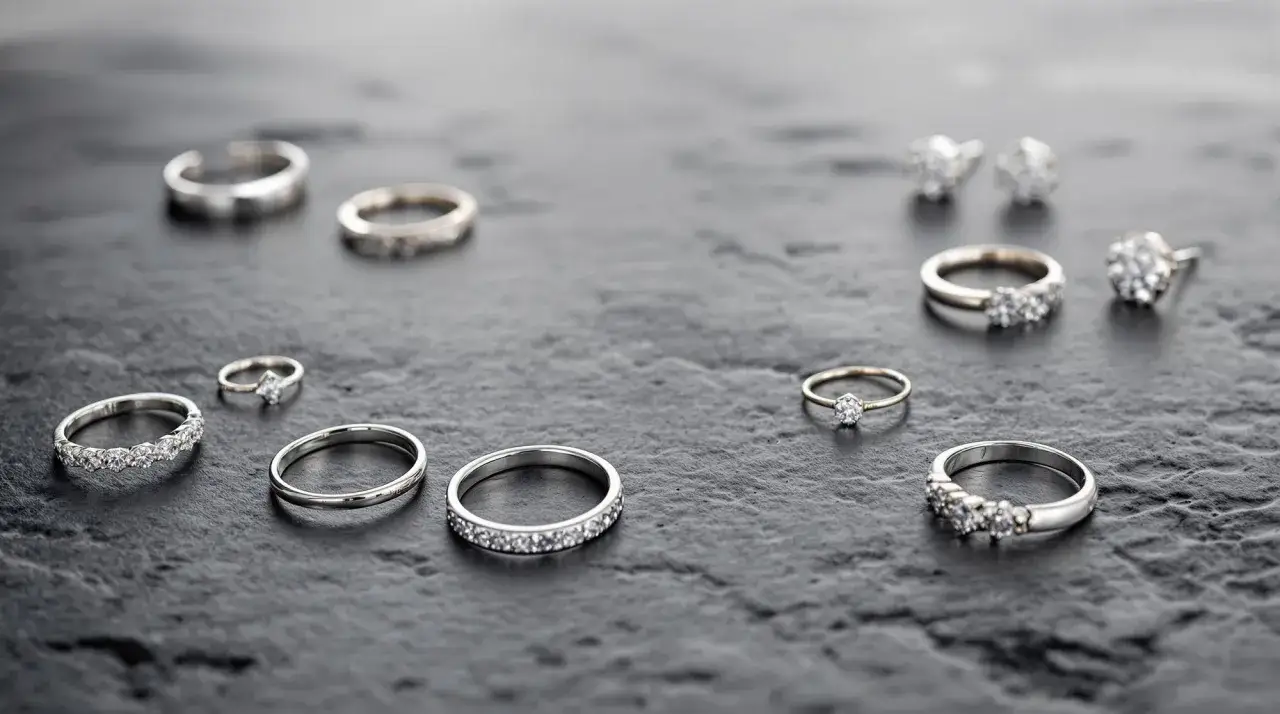 Variedad de anillos y pendientes de oro blanco con diamantes, dispuestos sobre una superficie oscura.