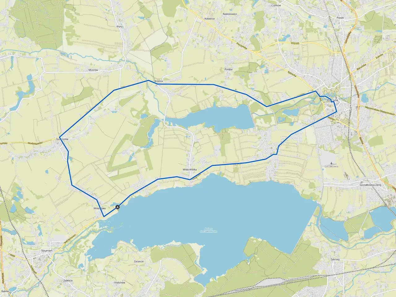 Mapa z zaznaczoną trasą rowerową wokół Jeziora Goczałkowickiego, prowadzącą przez Mizerów, Brzeźce i Wisłę Wielką.