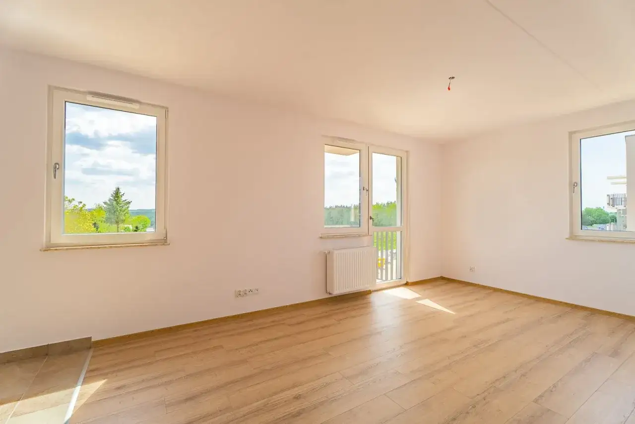 Puste, jasne pomieszczenie z oknami wychodzącymi na zieleń. Idealne miejsce na Twoje pierwsze mieszkania na start.