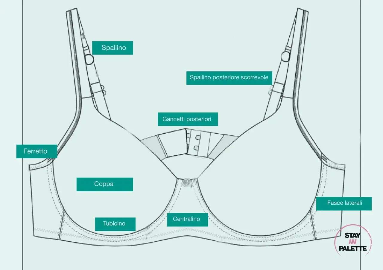 Schema tecnico di un reggiseno con dettagli su coppa, ferretto e spallino, ideale per un seno a campana.