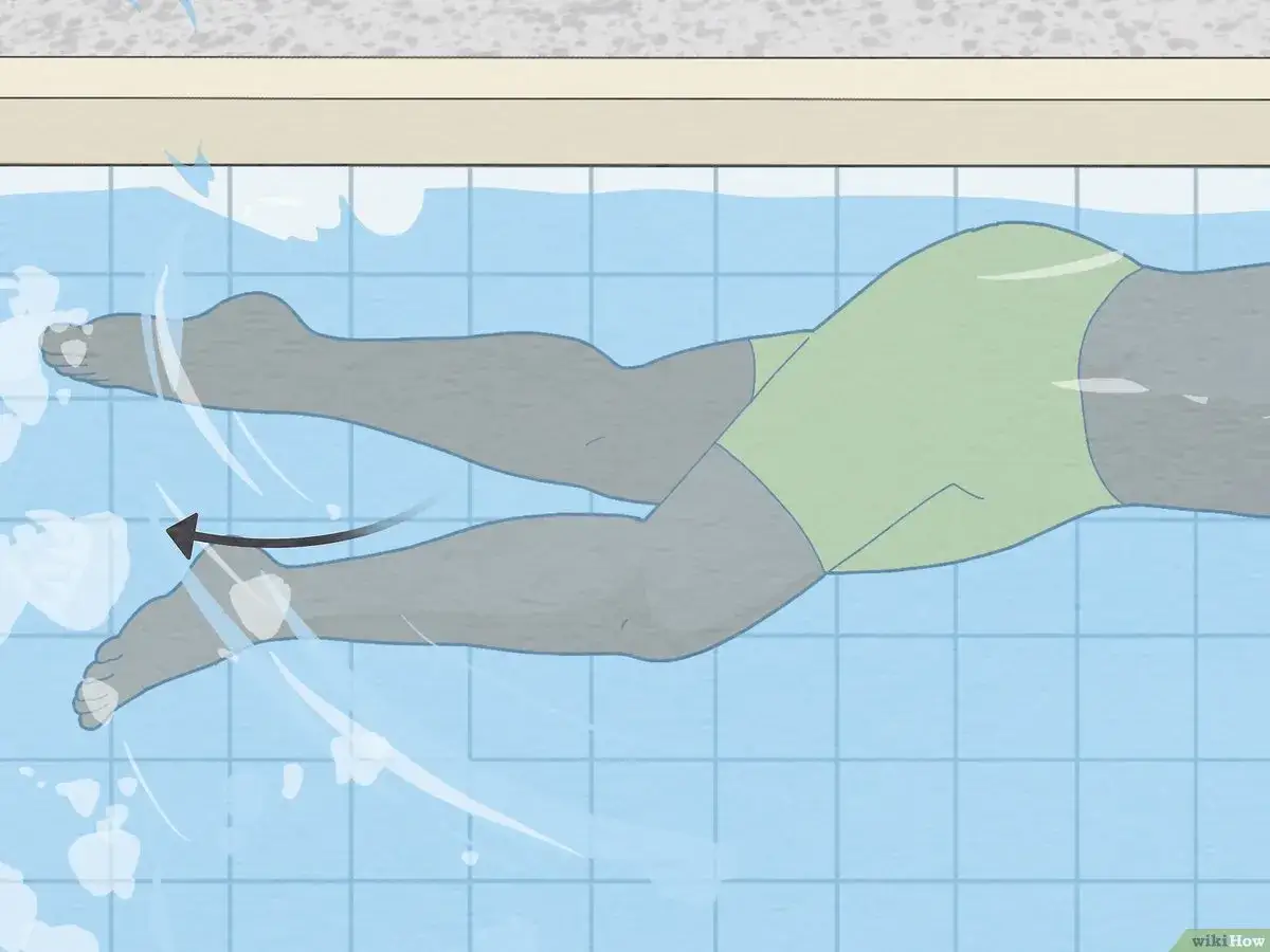 Illustration showing how to do flutter kicks in swimming. The legs are extended and kicking alternately, creating ripples in the water.
