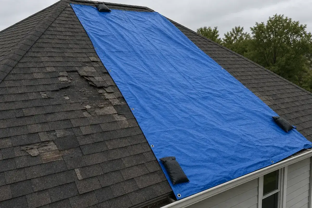A blue tarp is temporarily covering damaged shingles on a roof, demonstrating how to tarp a roof to prevent further water damage.