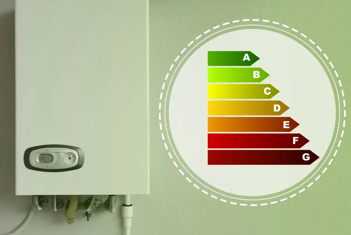 Caldaia moderna con display digitale e indicatore di efficienza energetica. La caldaia fa parte dell'immobile, mostrando la sua classe energetica da A a G.
