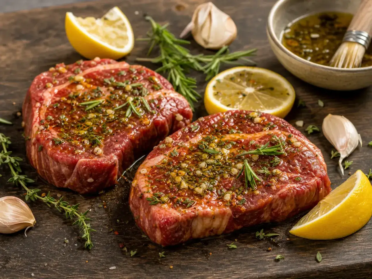 Zwei saftige Rindersteaks, bereit zum Marinieren, liegen auf einem Holzbrett. Zitronenspalten, Knoblauch und Rosmarin umgeben sie.