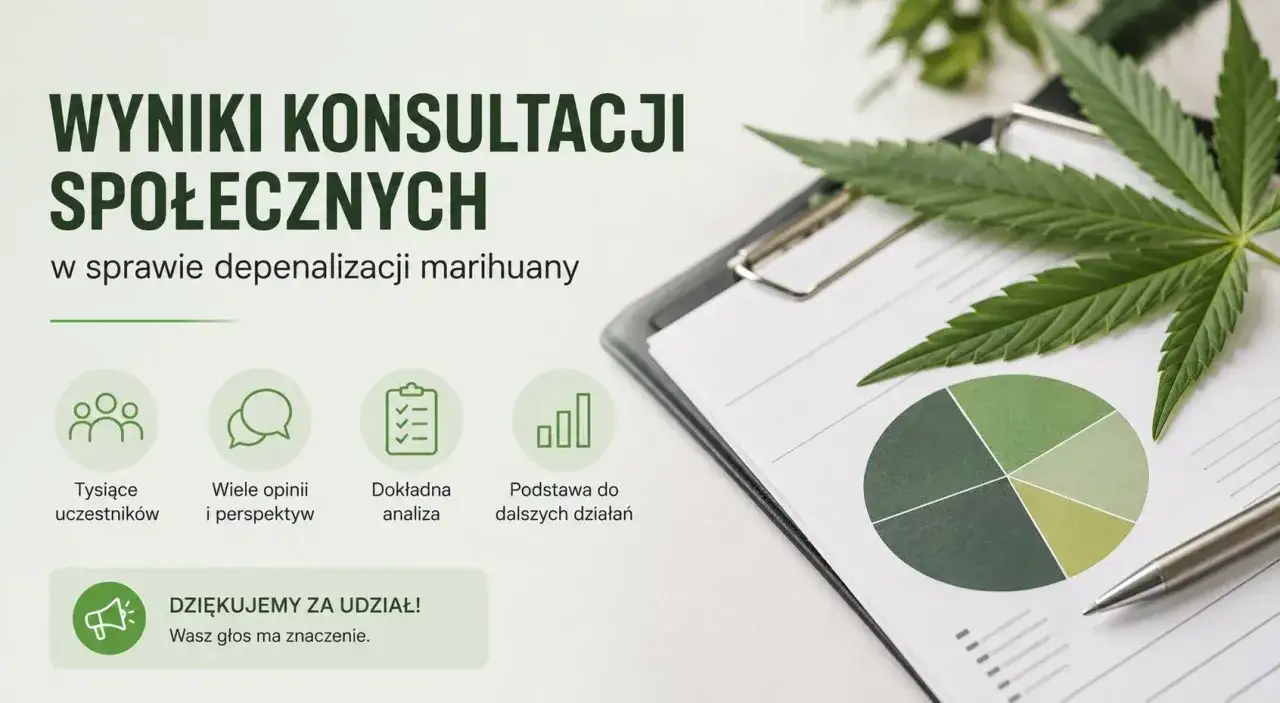 Wyniki konsultacji społecznych w sprawie depenalizacji marihuany. Liść konopi na dokumentach z wykresem kołowym i długopisem.