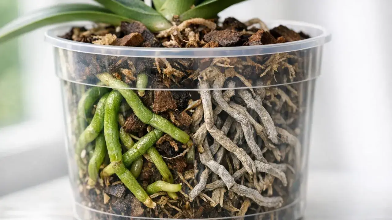 Racines vertes et saines d'une orchid&eacute;e &agrave; gauche, racines s&egrave;ches &agrave; droite. Un indice visuel pour savoir quand arroser une orchid&eacute;e.