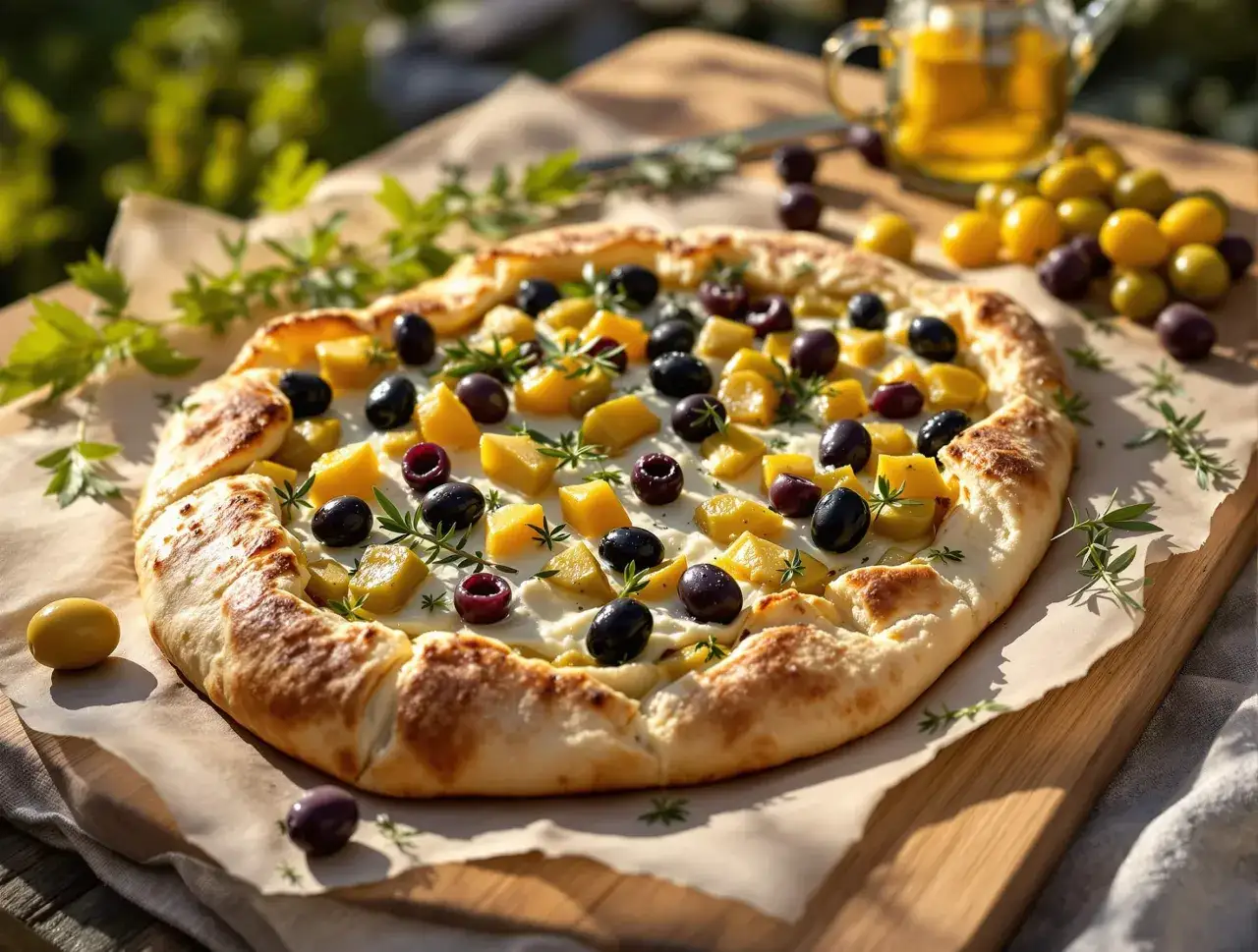 Une galette garnie d'olives et de dés de fromage, parfaite pour un apéro dinatoire ensoleillé.