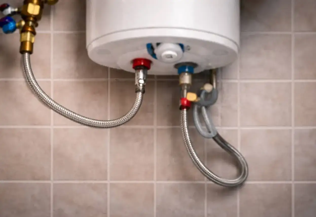 Un termo el&eacute;ctrico gotea por una conexi&oacute;n de manguera flexible.