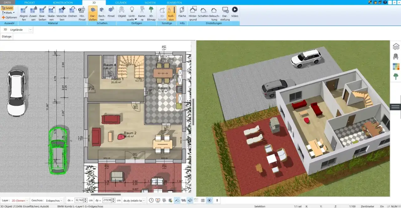 Ein amerikanisches Haus Grundriss mit zwei Autos auf dem Hof und einem 3D-Modell des Hauses, das Möbel und einen Garten zeigt.
