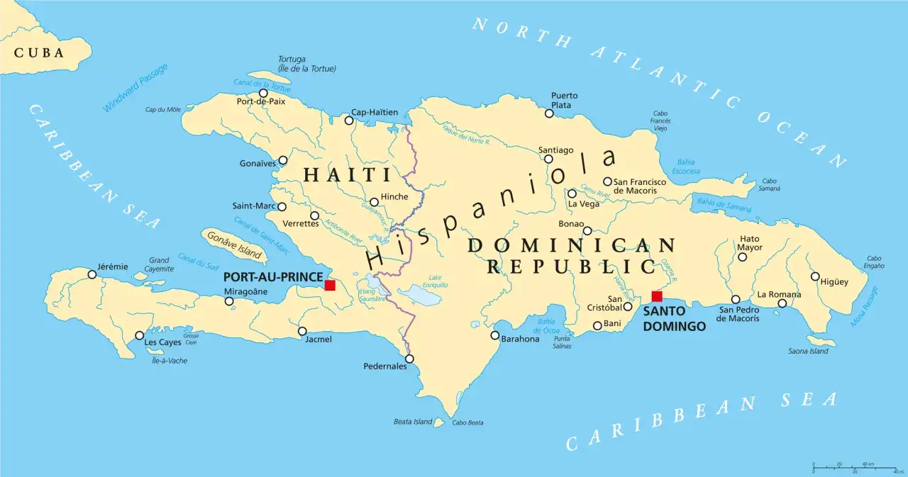 Mapa Hispanioli: Haiti i Dominikana, państwa sąsiadujące z Haiti, otoczone Morzem Karaibskim i Oceanem Atlantyckim.