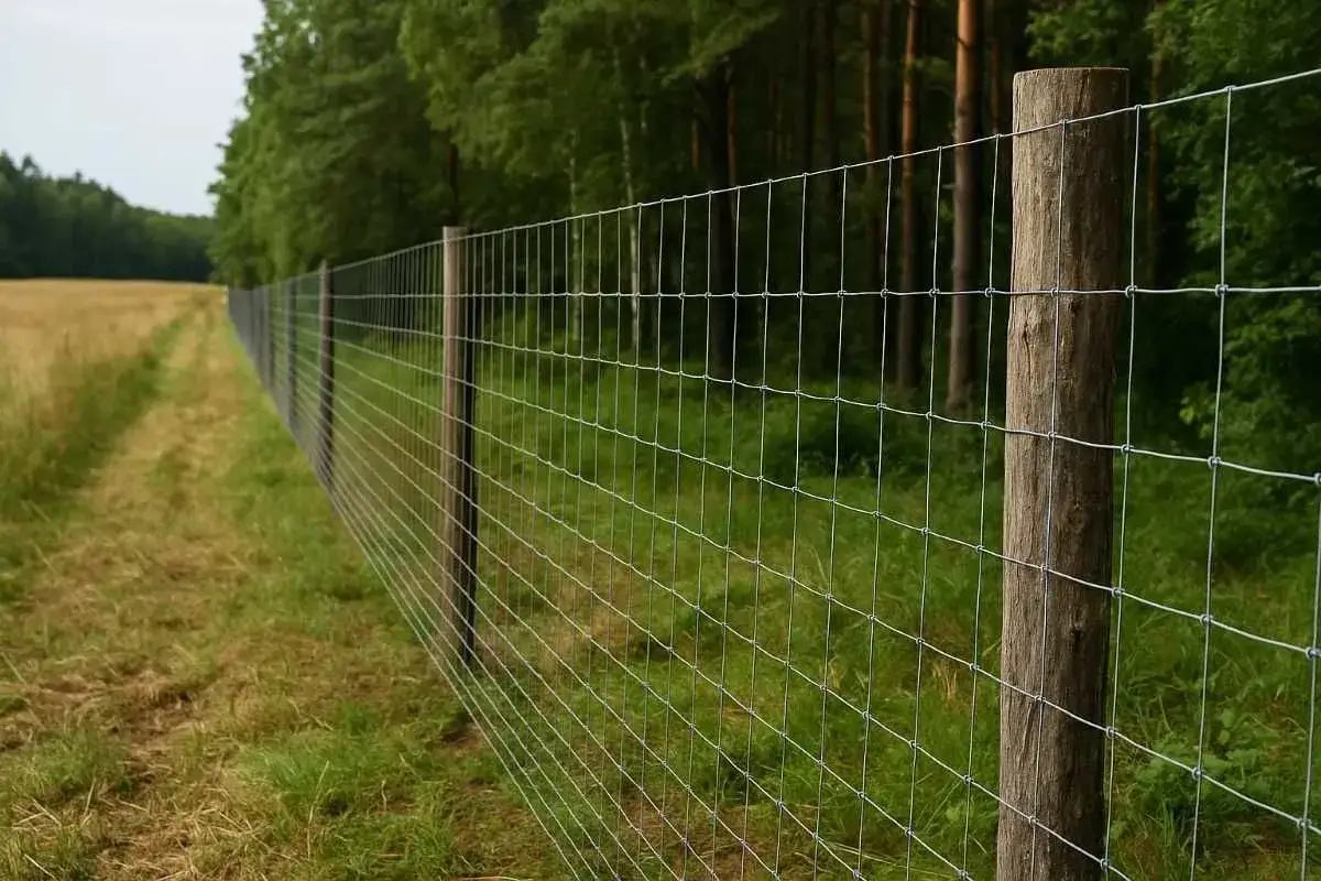 Siatkowe ogrodzenie leśne, biegnące wzdłuż ścieżki przez łąkę, oddziela las od otwartej przestrzeni.