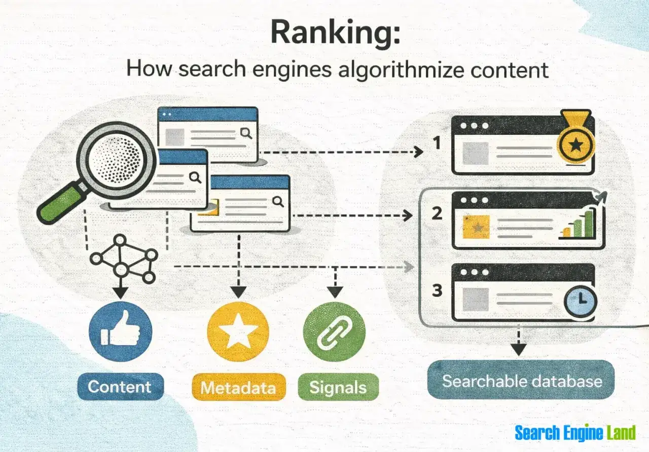 Schema che illustra come i motori di ricerca valutano il contenuto per il ranking. Comprendere le cose il SEO è fondamentale.