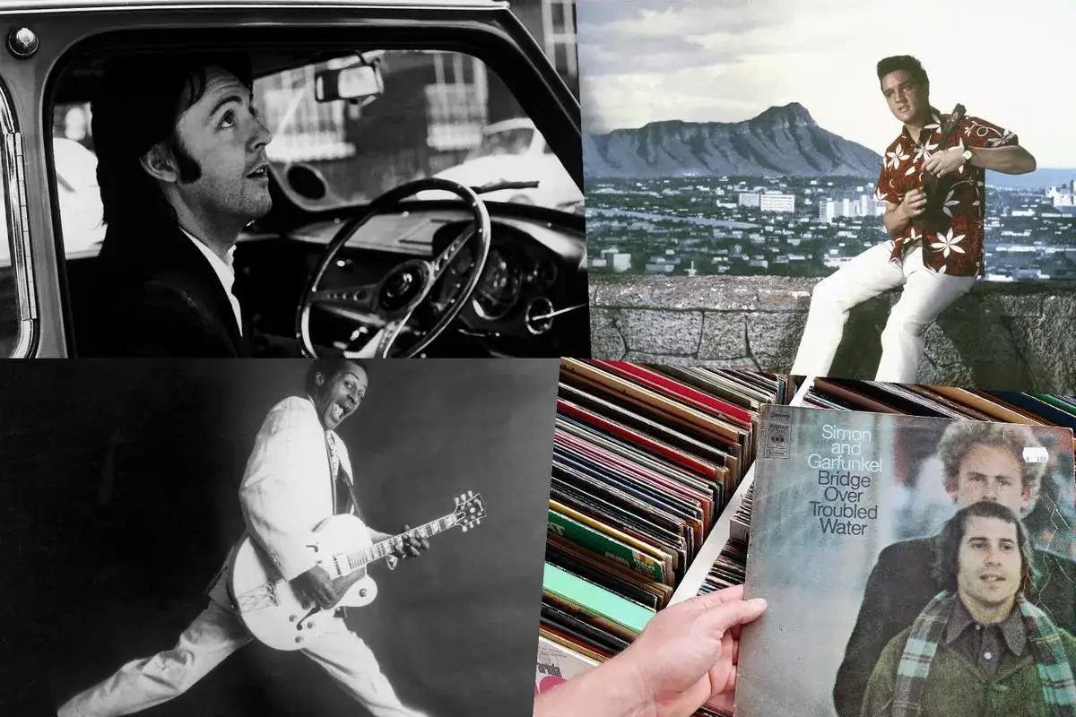 Paul McCartney im Auto, Elvis in Hawaii, Chuck Berry mit Gitarre und eine Schallplatte von Simon & Garfunkel – Musikgeschichte, die oft gecovert wurde.