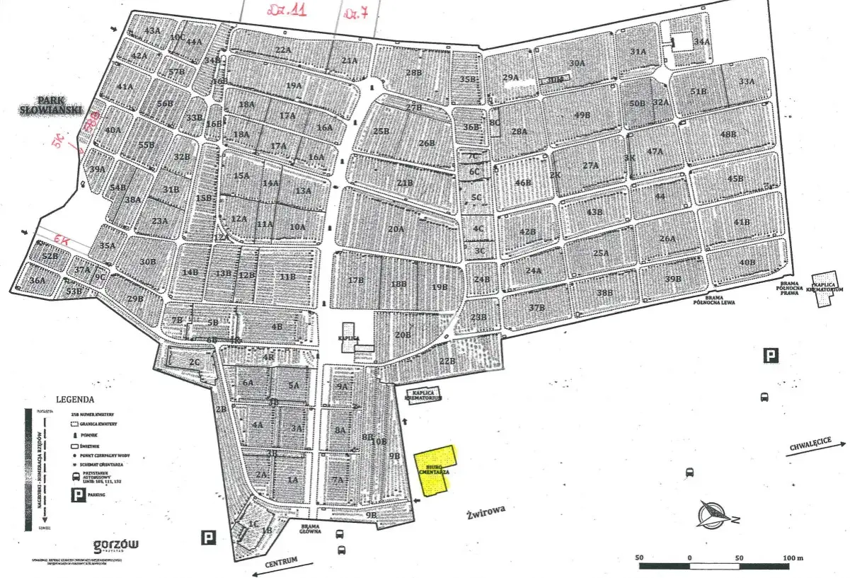 Mapa cmentarza komunalnego w Gorzowie. Widać tu podział na kwatery, aleje, kaplice i biuro cmentarza.